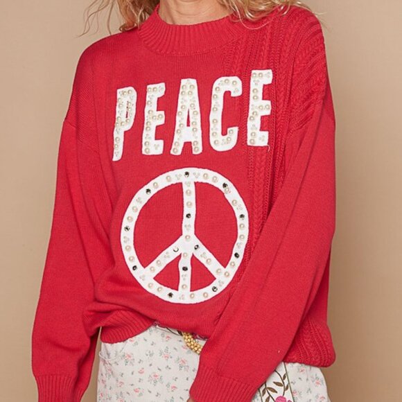 POL Red Peace Patch Sweater with Pearl and Stud Details - Picture 4 of 7